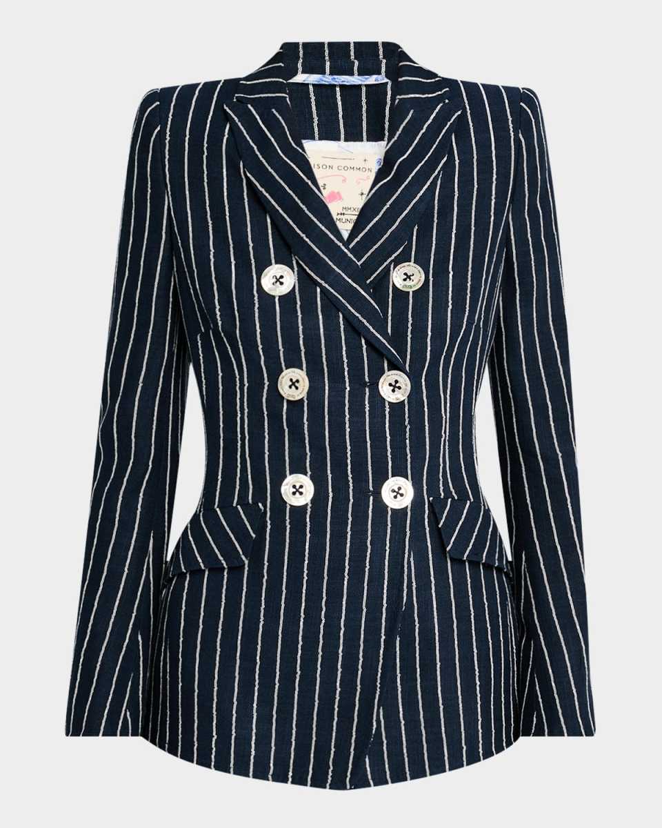 Chain Pinstriped Linen-Blend Double-Breasted Jacket